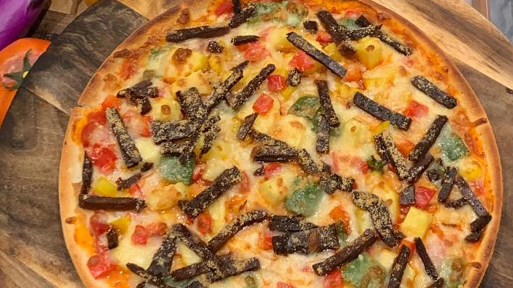 Medley Peppers and Pineapple Pizza with Meatless Jerky